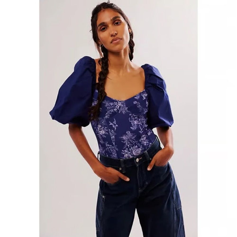 Free People Intimately Prairie Rose Bodysuit Blue Horse Puff Sleeve Size Small